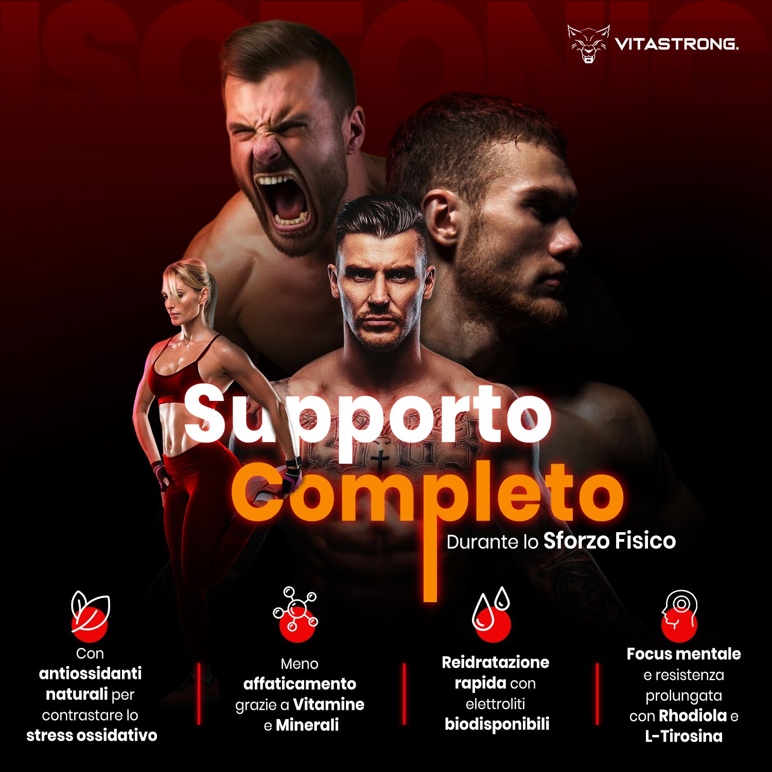 Drei Personen. Text über Unterstützung während körperlicher Anstrengung. Rote und gelbe Elemente. Logo.