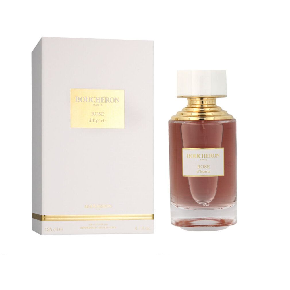 Glasflakon und Verpackung. Flakon mit rosa Flüssigkeit, weißem Deckel, goldfarbenem Hals. Verpackung: "BOUCHERON PARIS ROSE d'Isparta".