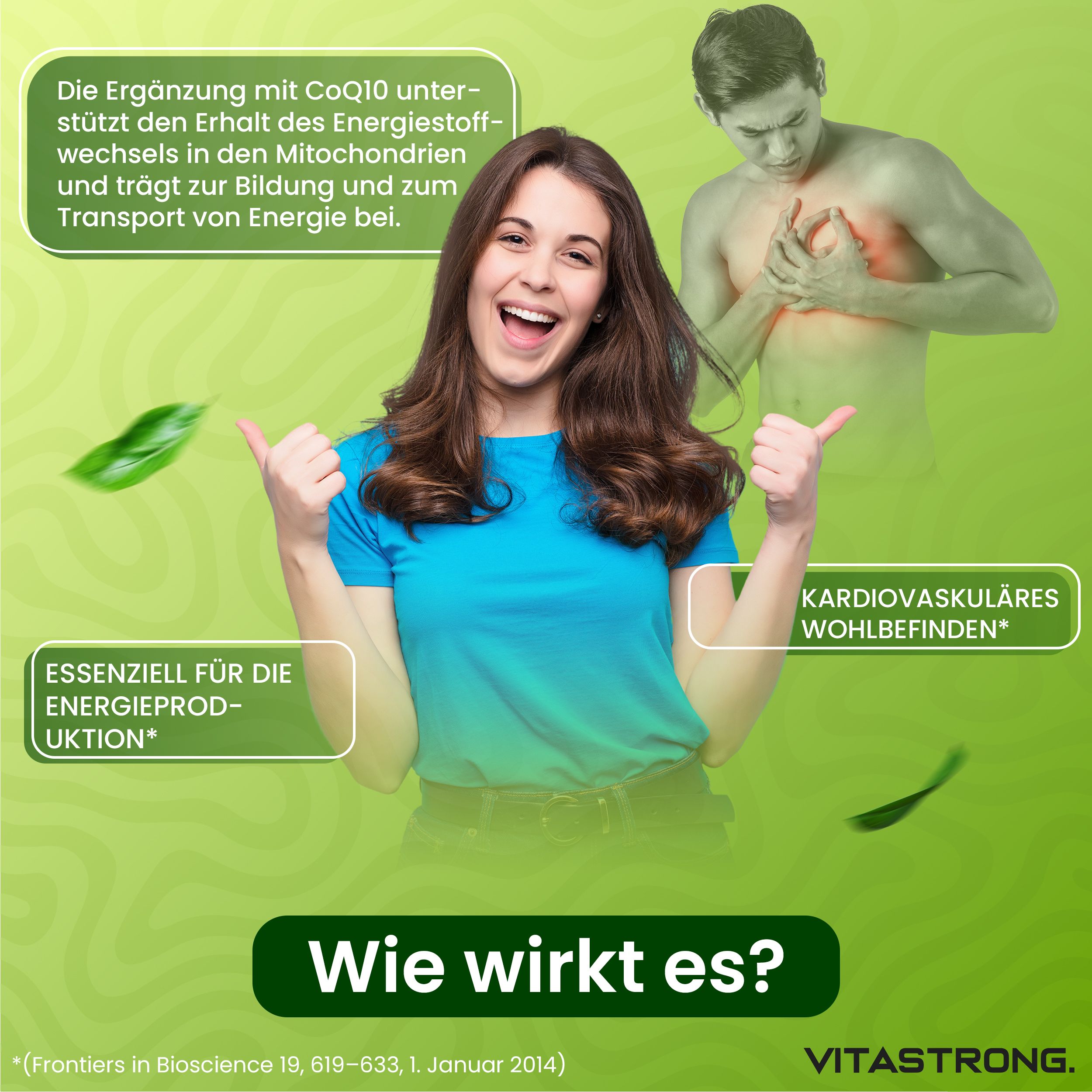 Frau mit Daumen hoch. Text: Essentiell für Energieproduktion, kardiovaskuläres Wohlbefinden. CoQ10.
