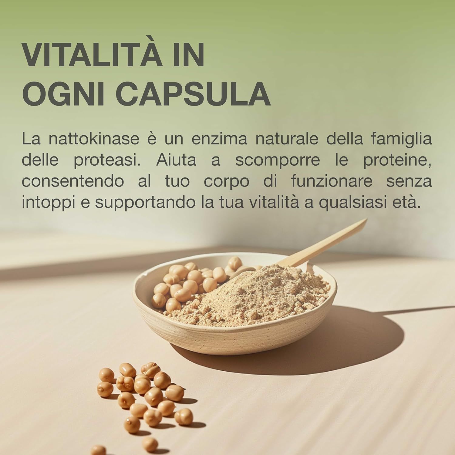 Ciotola con soia e polvere. Testo: Vegan, senza zucchero, senza glutine, senza additivi.