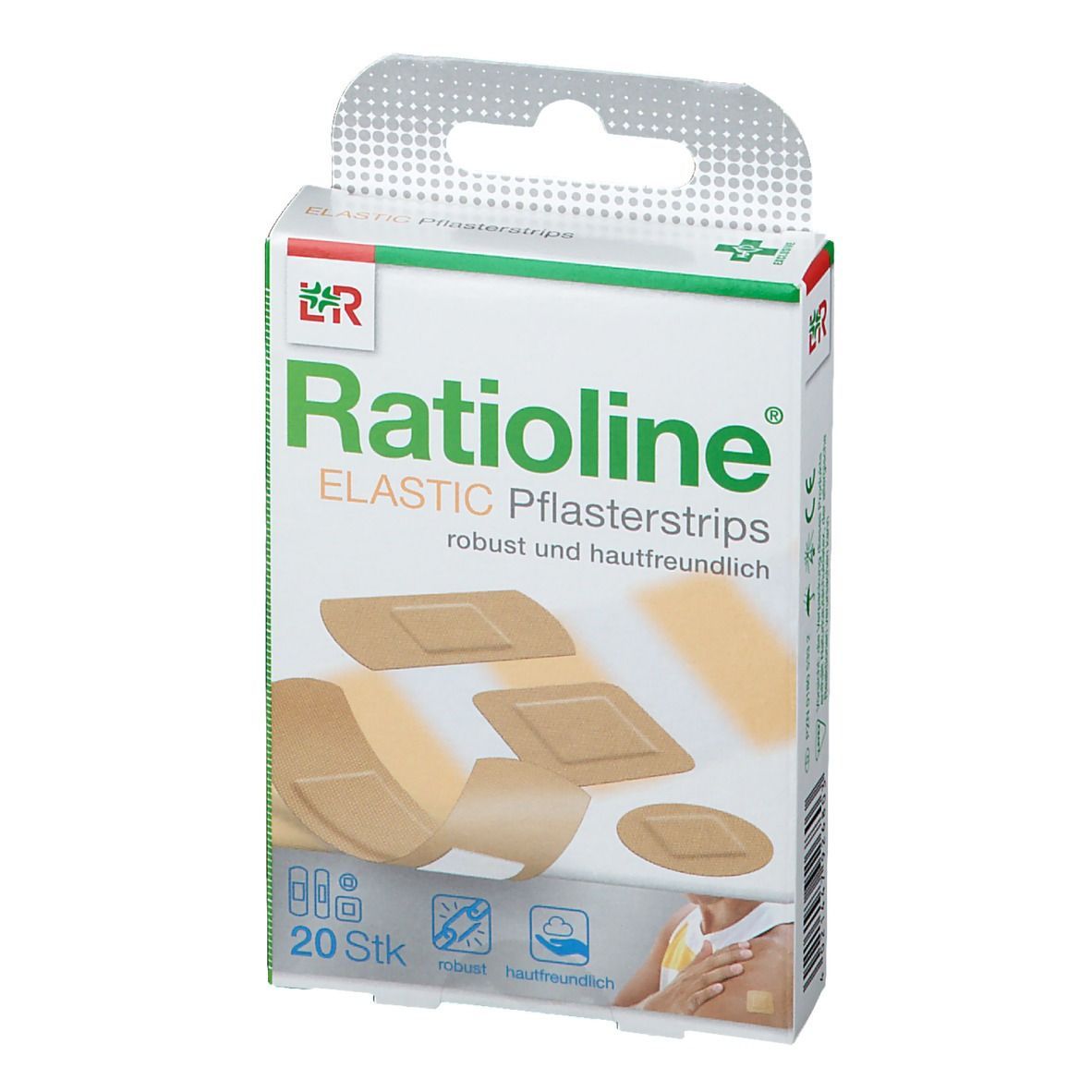 Ratioline® elastic Pflasterstrips-Verpackung, leicht schräg. 20 Stück. Pflaster in verschiedenen Formen und Größen abgebildet.