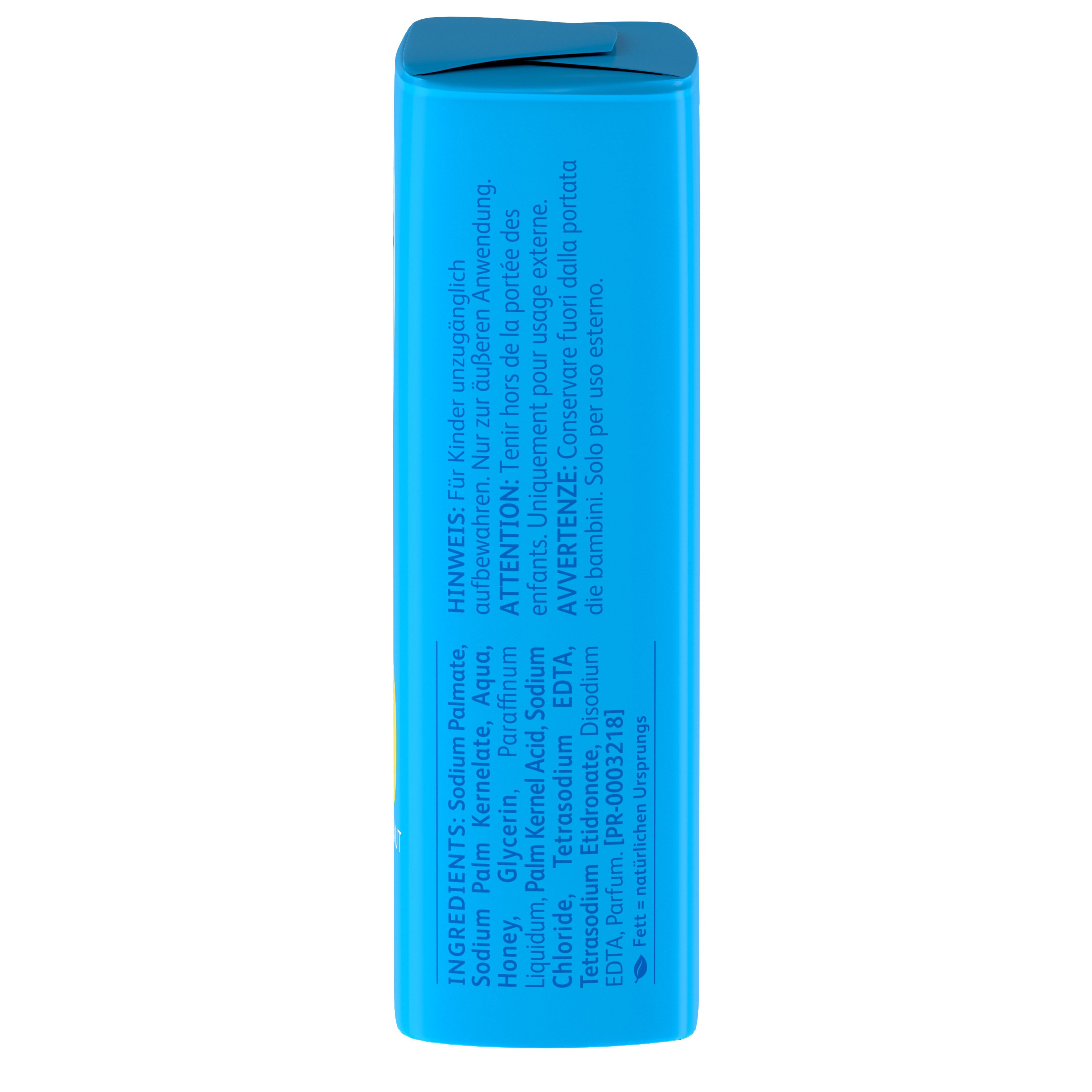 Blaue Seife-Verpackung, schmale Ansicht. Zutatenliste: Sodium Palmate, Aqua, Glycerin, Honey, etc. Warnhinweis: Für Kinder unzugänglich.