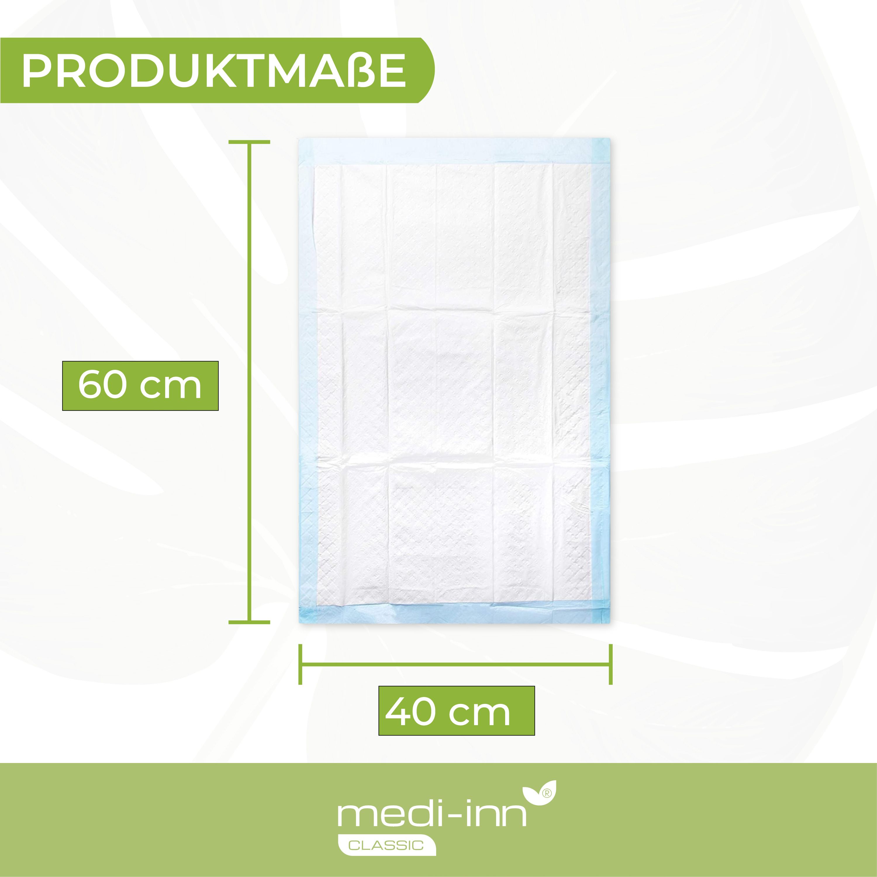 Krankenunterlage mit Maßangaben: 40 cm x 60 cm. Marke: medi-inn.