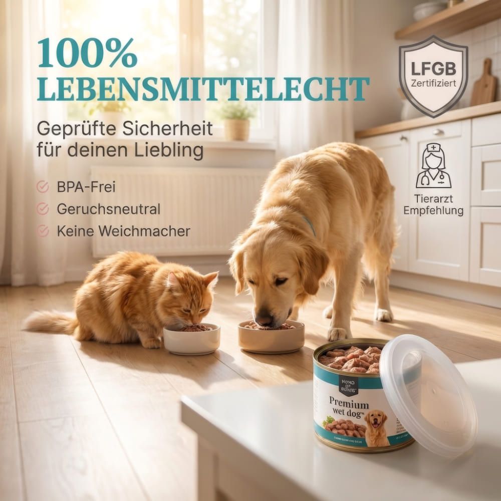 Katze und Hund fressen aus Näpfen. Dose mit Deckel. Text: 100% lebensmittelecht, BPA-frei, tierärztliche Empfehlung.