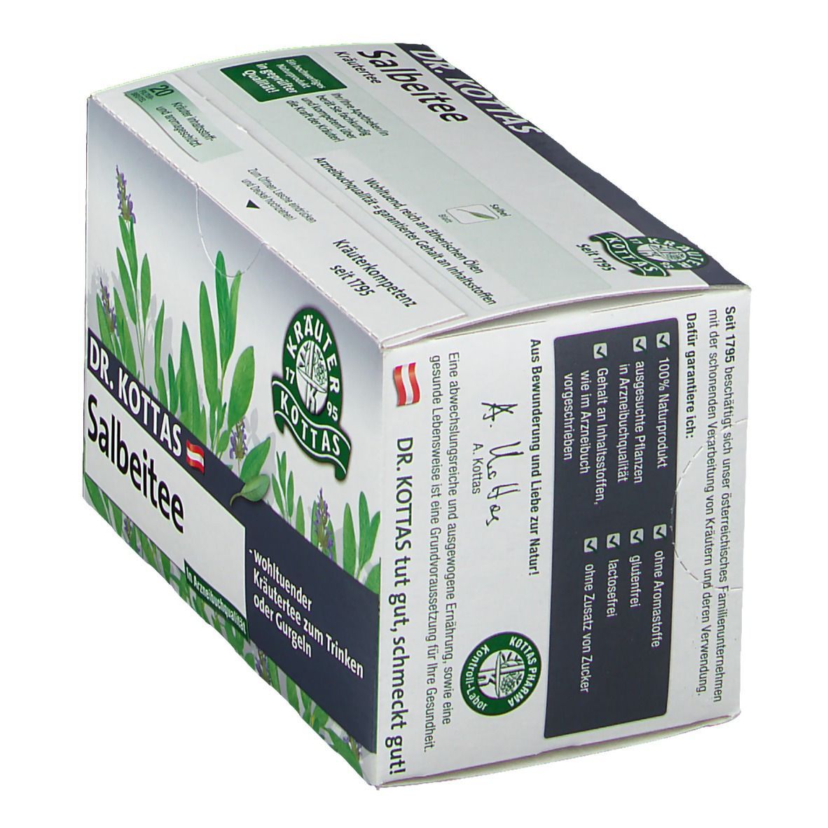 Dr. Kottas Salbeitee-Schachtel. Kräuterabbildung, Text und Logo. In Arzneibuchqualität. Winkelansicht.