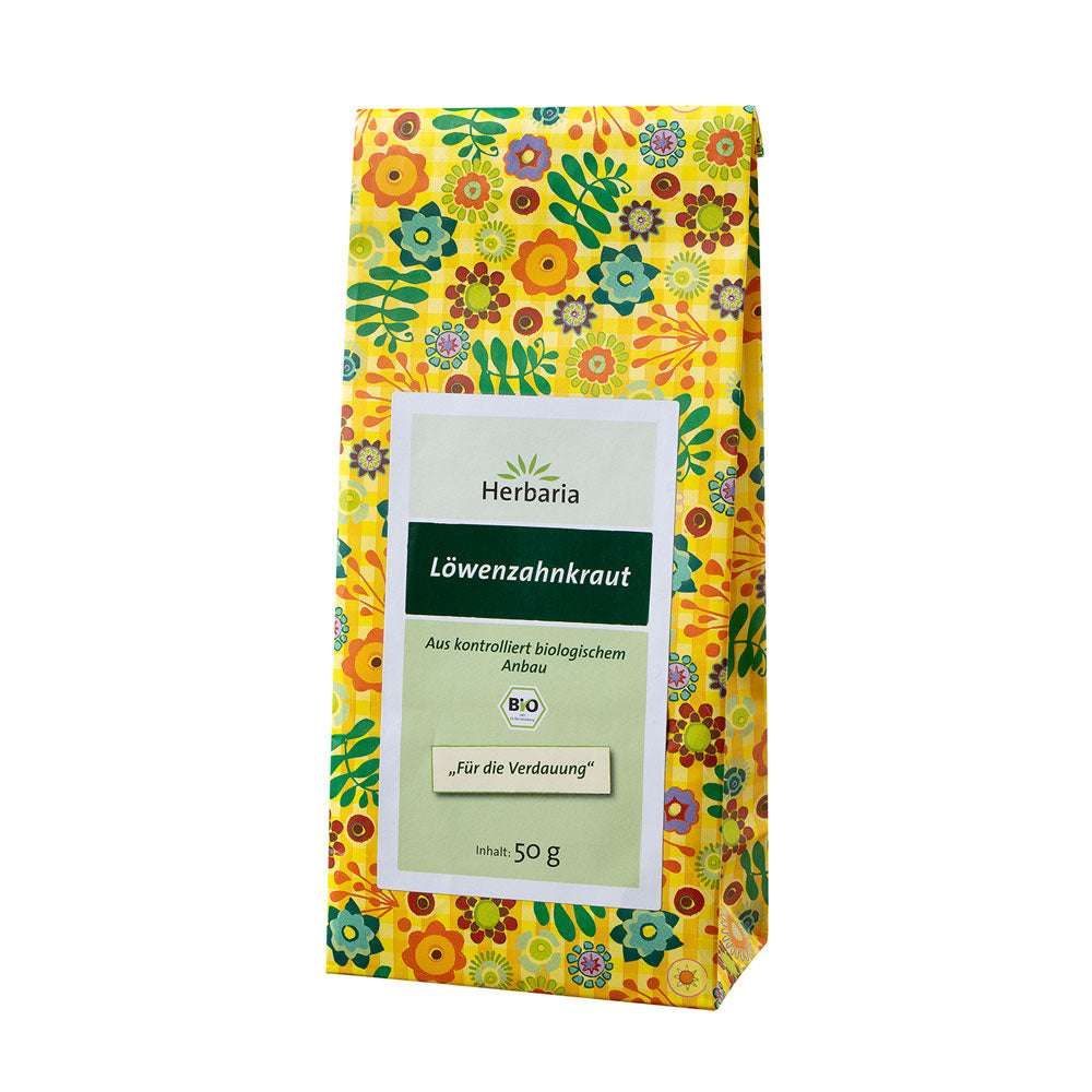 Herbaria Löwenzahnkraut Bio-Packung. Gelber Hintergrund mit Blumenmuster. Text: Löwenzahnkraut, Bio, für die Verdauung. Inhalt: 50 g.