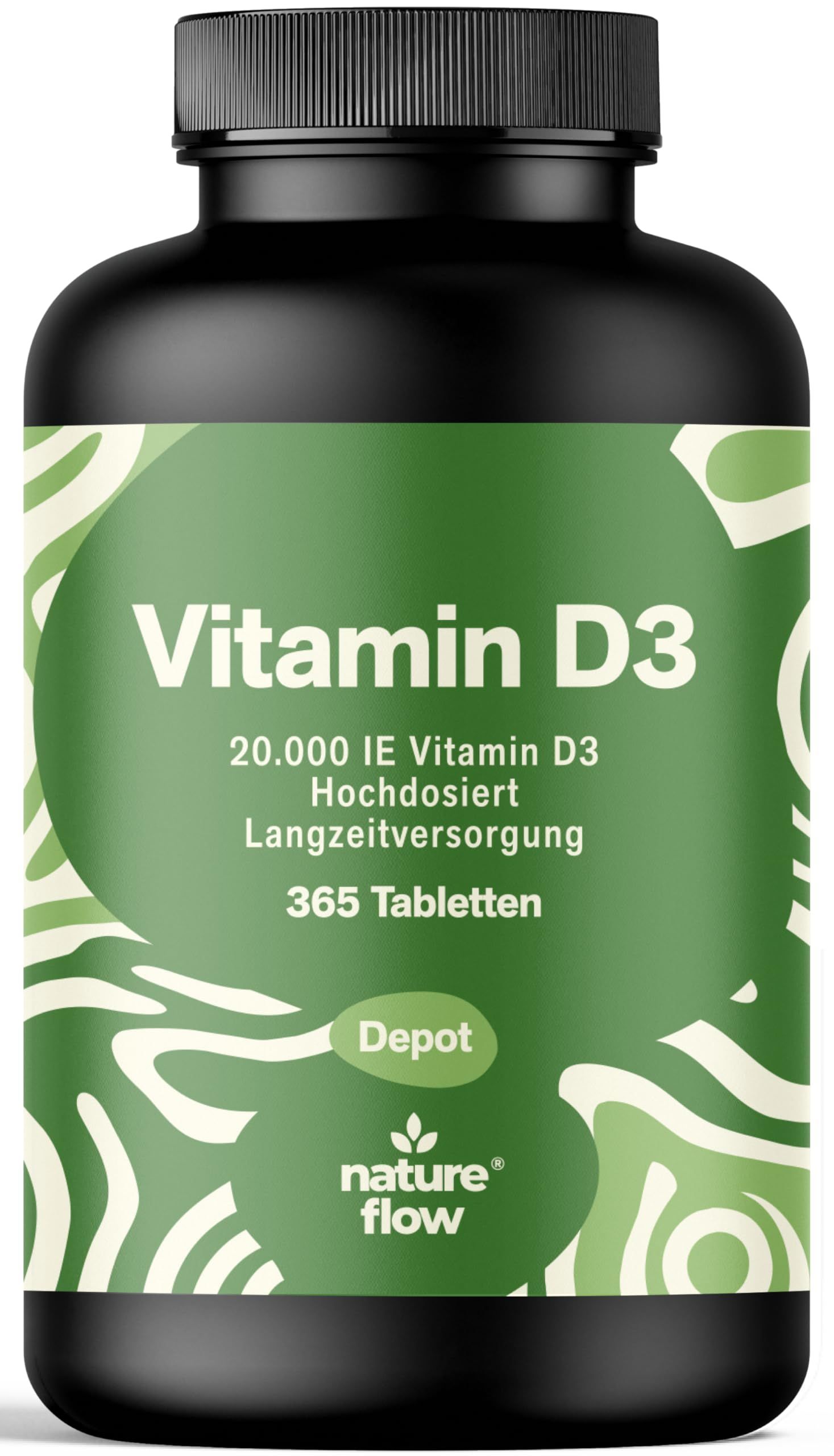 Schwarze Flasche mit grünem Etikett. Aufschrift: Vitamin D3, 20.000 IE, 365 Tabletten. Marke: nature flow.