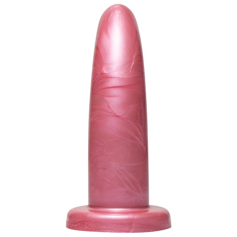 Rosa Dildo mit zylindrischer Form. Basis mit Schriftzug.