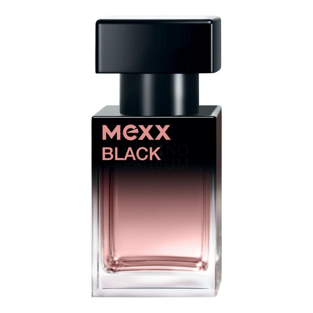 Schwarz-rosa Flakon. Schwarzer Deckel. Schriftzug: MEXX BLACK WOMAN.