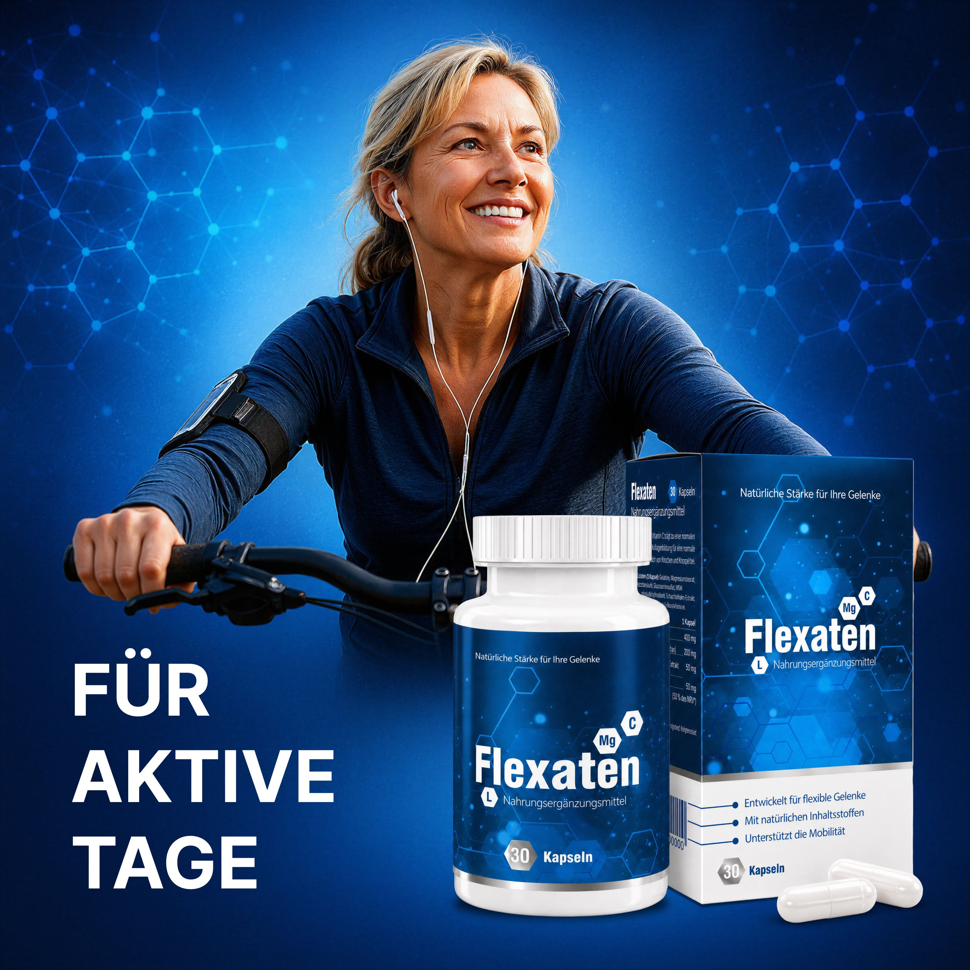 Flexaten Kapseln: Eine Frau auf einem Fahrrad, daneben eine Flasche und eine Schachtel Flexaten Nahrungsergänzungsmittel.