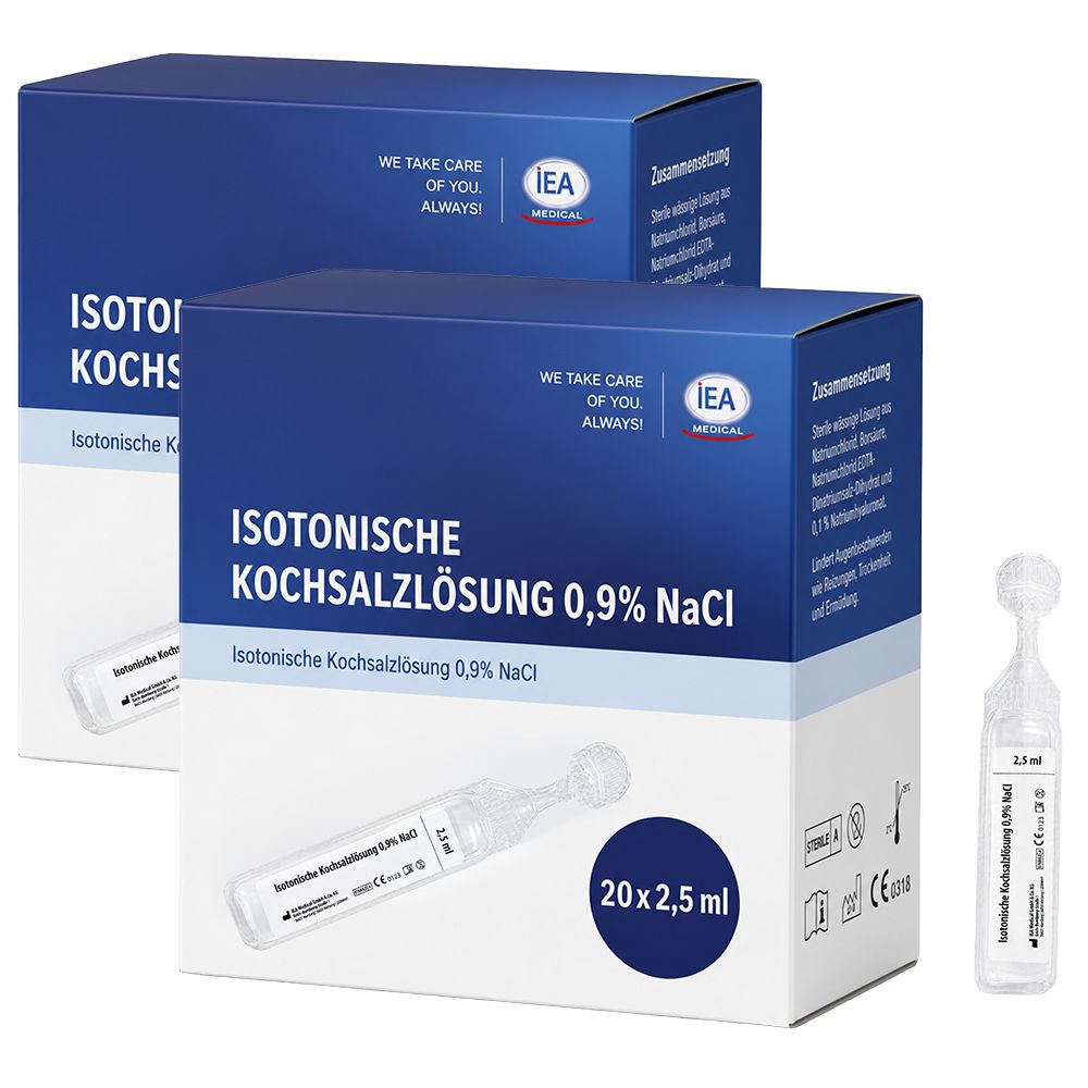 Zwei Packungen isotonische Kochsalzlösung 0,9% NaCl, 20x2,5 ml. Eine einzelne Ampulle liegt daneben.