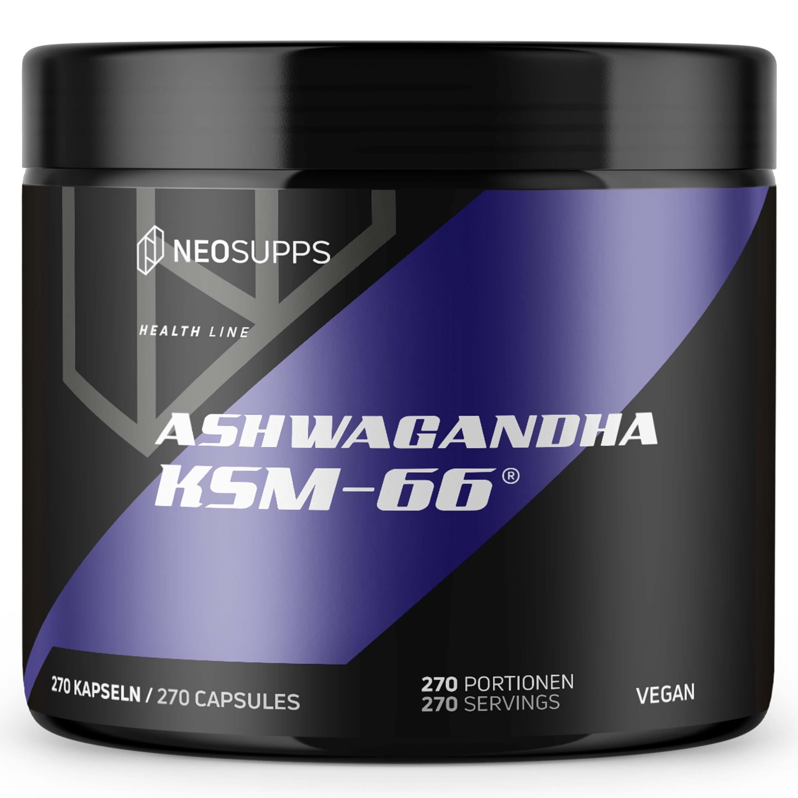 Schwarze Dose mit Aufschrift ASHWAGANDHA KSM-66. Auf der Dose steht NEOSUPPS. 270 Kapseln.