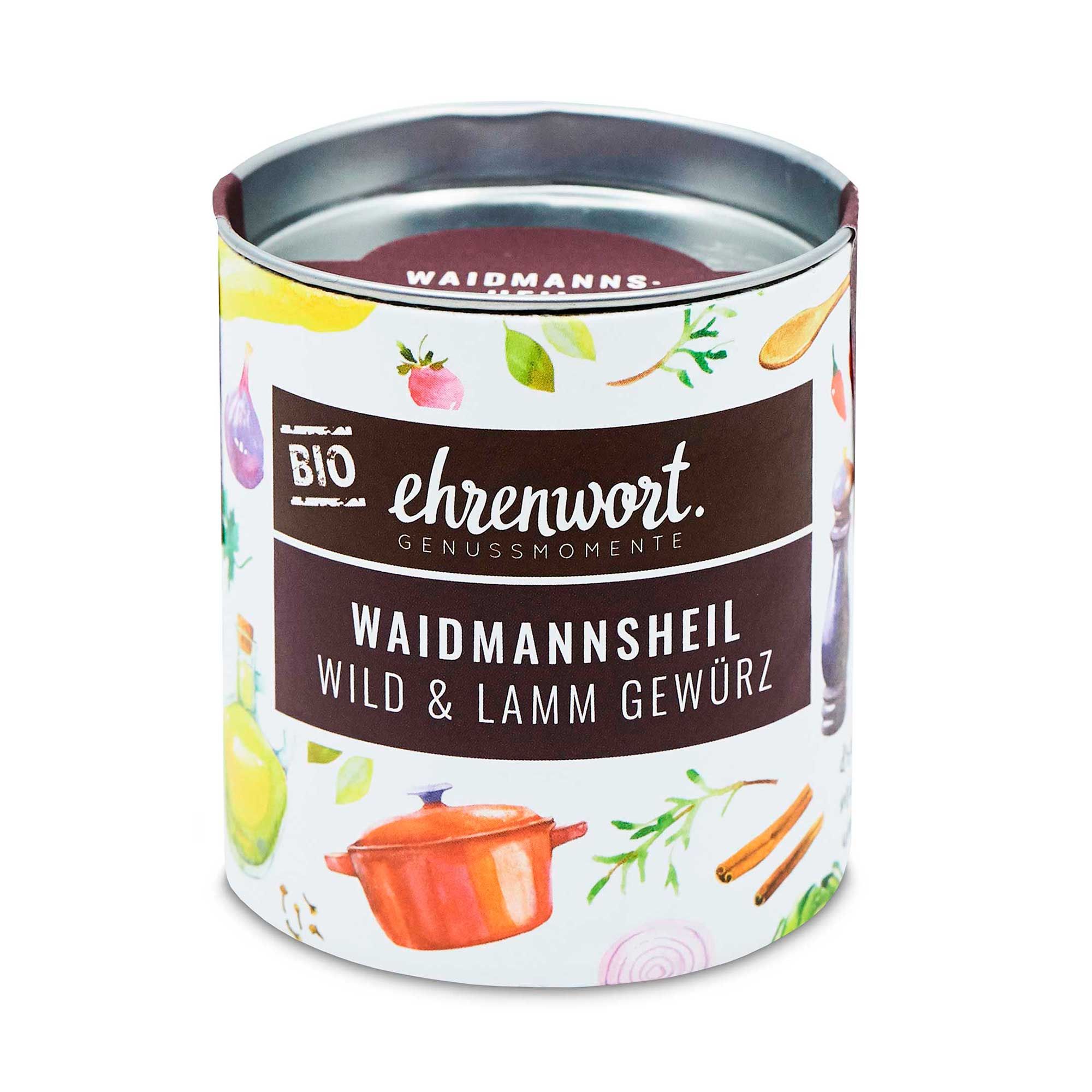 Eine Dose "ehrenwort Bio Waidmannsheil Wild & Lamm Gewürz". Die Dose ist zylindrisch, mit einem silbernen Deckel und einem weißen Etikett. Auf dem Etikett sind Illustrationen von Zutaten und ein braunes Feld mit dem Markennamen und Produktnamen zu sehen. Das Bio-Siegel ist ebenfalls sichtbar.