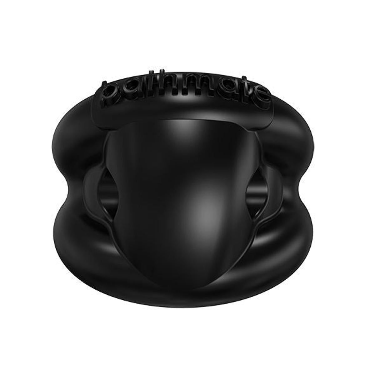 Schwarzer Ring mit "bathmate" Schriftzug. Ringförmiges Produkt aus Gummi.