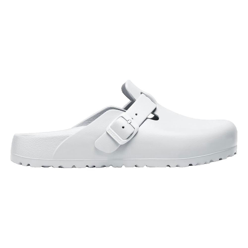 Zoccolo bianco con fibbia. Vista laterale. Birkenstock Boston.