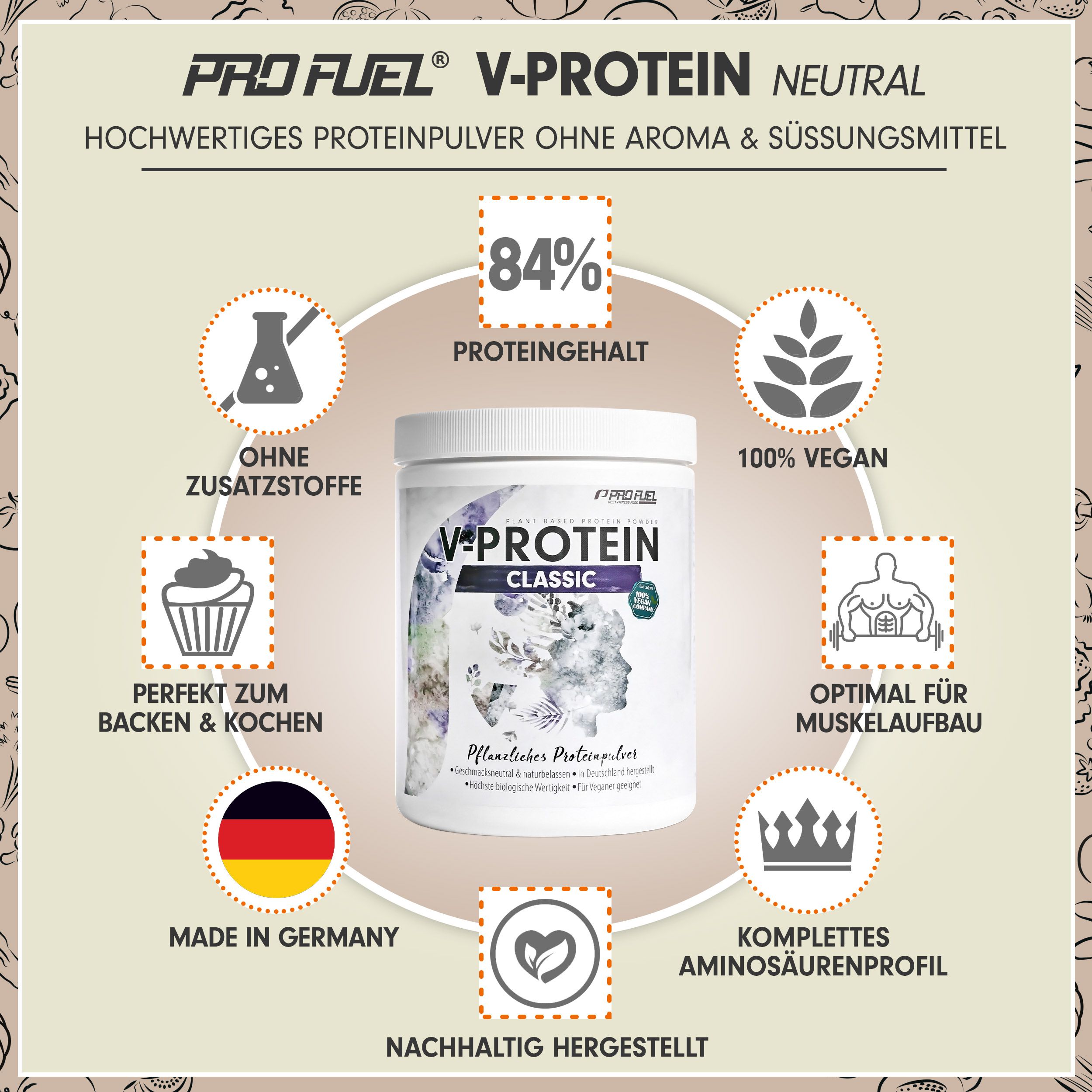 Werbebild mit Dose "V-PROTEIN Classic". 84% Proteingehalt, vegan, ohne Zusätze. Hergestellt in Deutschland.