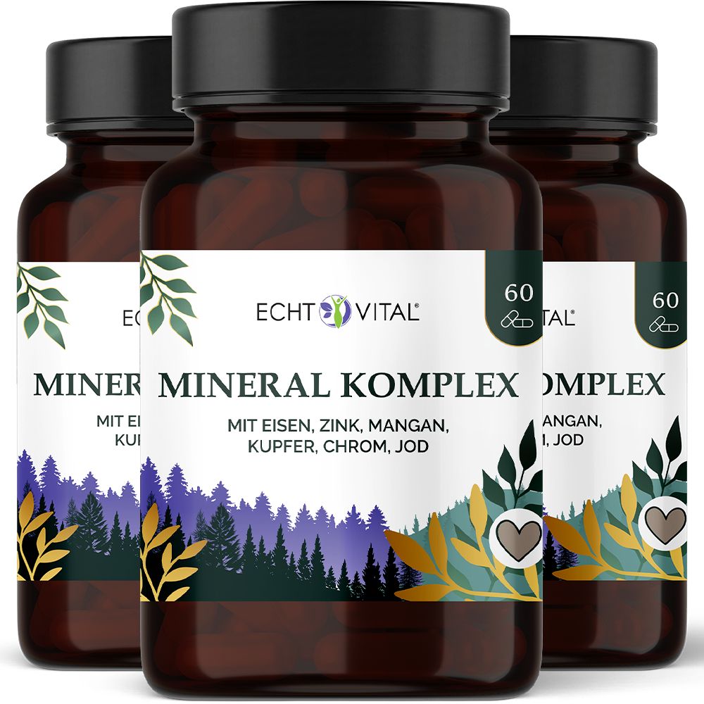 Drei Flaschen Echt Vital Mineral Komplex mit Etikett, das Wald und Berge zeigt.