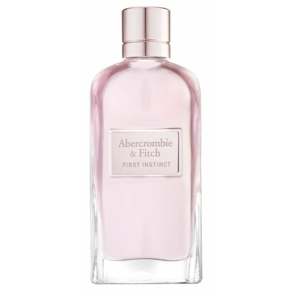 Glasflakon mit rosafarbenem Inhalt und silberfarbenem Verschluss. Aufschrift: Abercrombie & Fitch, First Instinct.