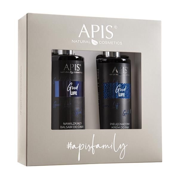 Geschenkset mit zwei schwarzen Flaschen in einer grauen Box. Auf den Flaschen steht "APIS" und "Good Life".