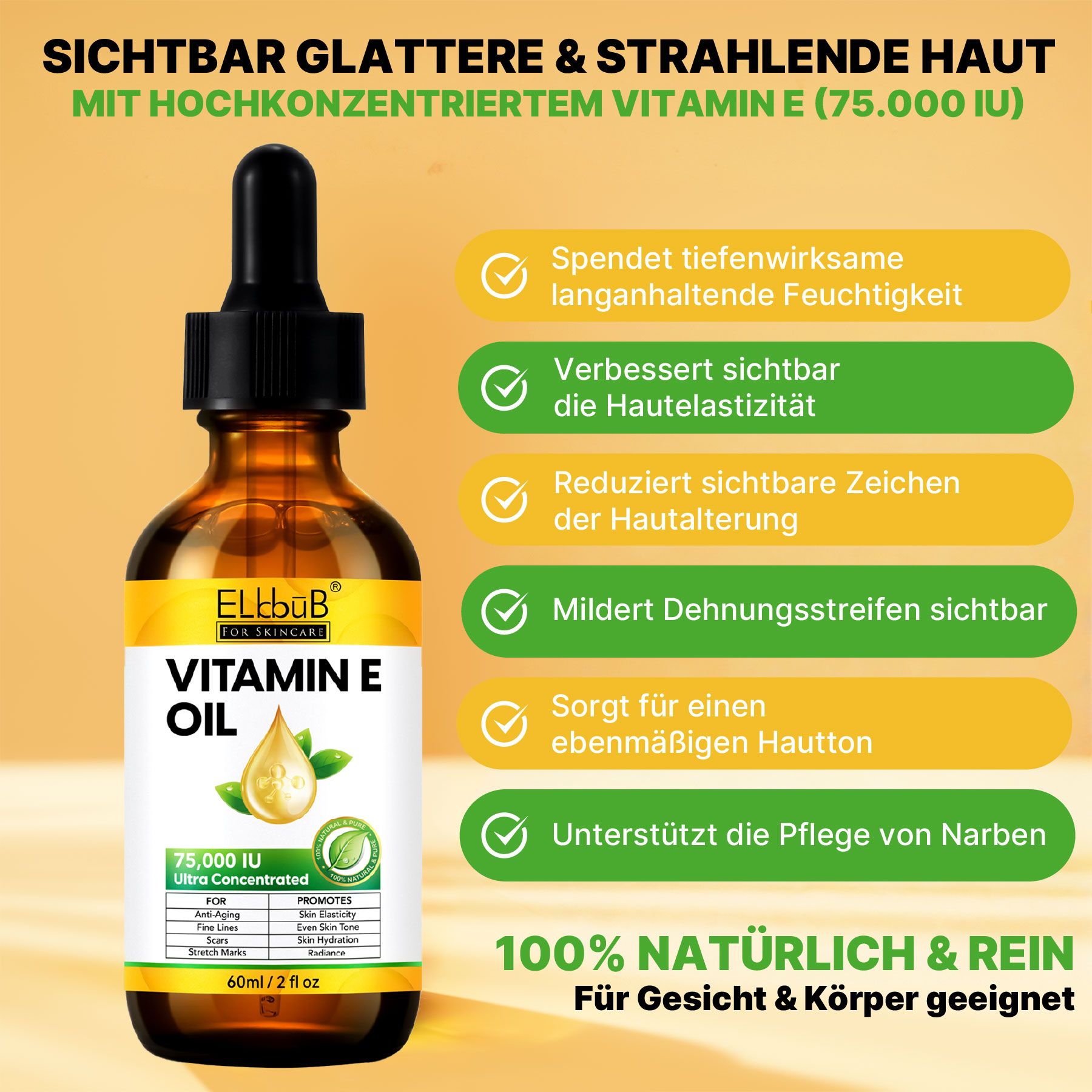 Braune Glasflasche mit Pipette, gefüllt mit Vitamin E Öl. Etikett zeigt "VITAMIN E OIL" und "75.000 IU Ultra Concentrated".
