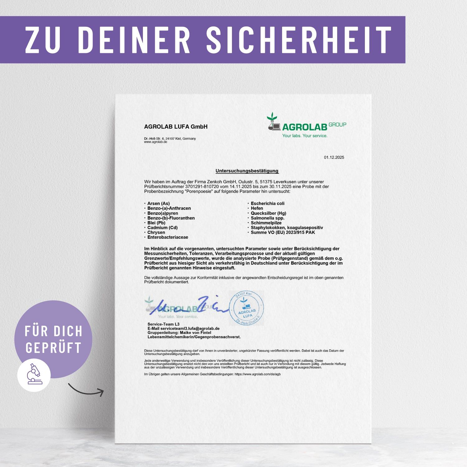 Dokument mit Testergebnissen von AGROLAB LUFA GmbH. Text: Zu deiner Sicherheit. Für dich geprüft.