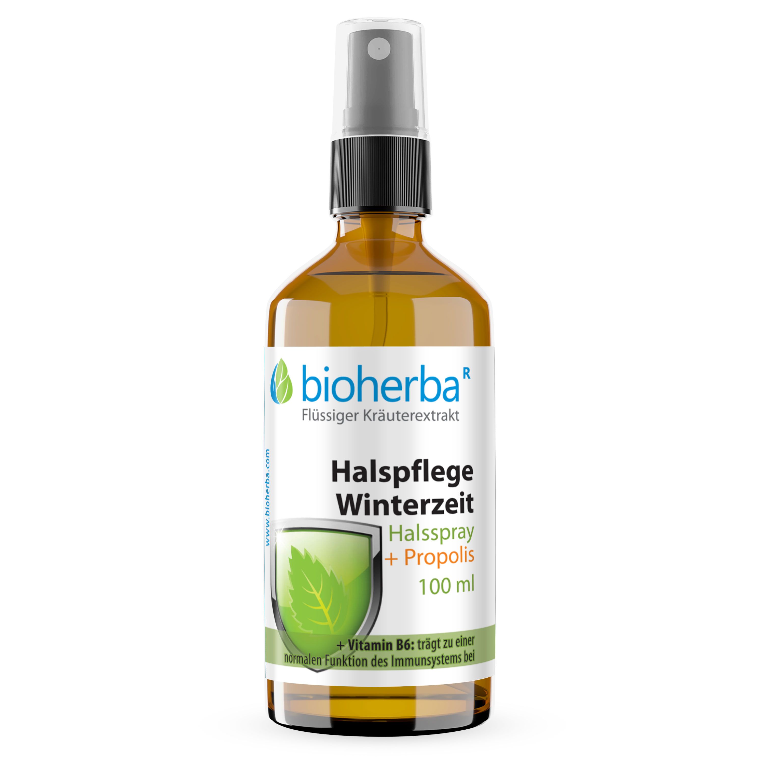 Braune Glasflasche mit Sprühkopf. "Bioherba" Logo. "Halspflege Winterzeit Halsspray + Propolis" und 100 ml.