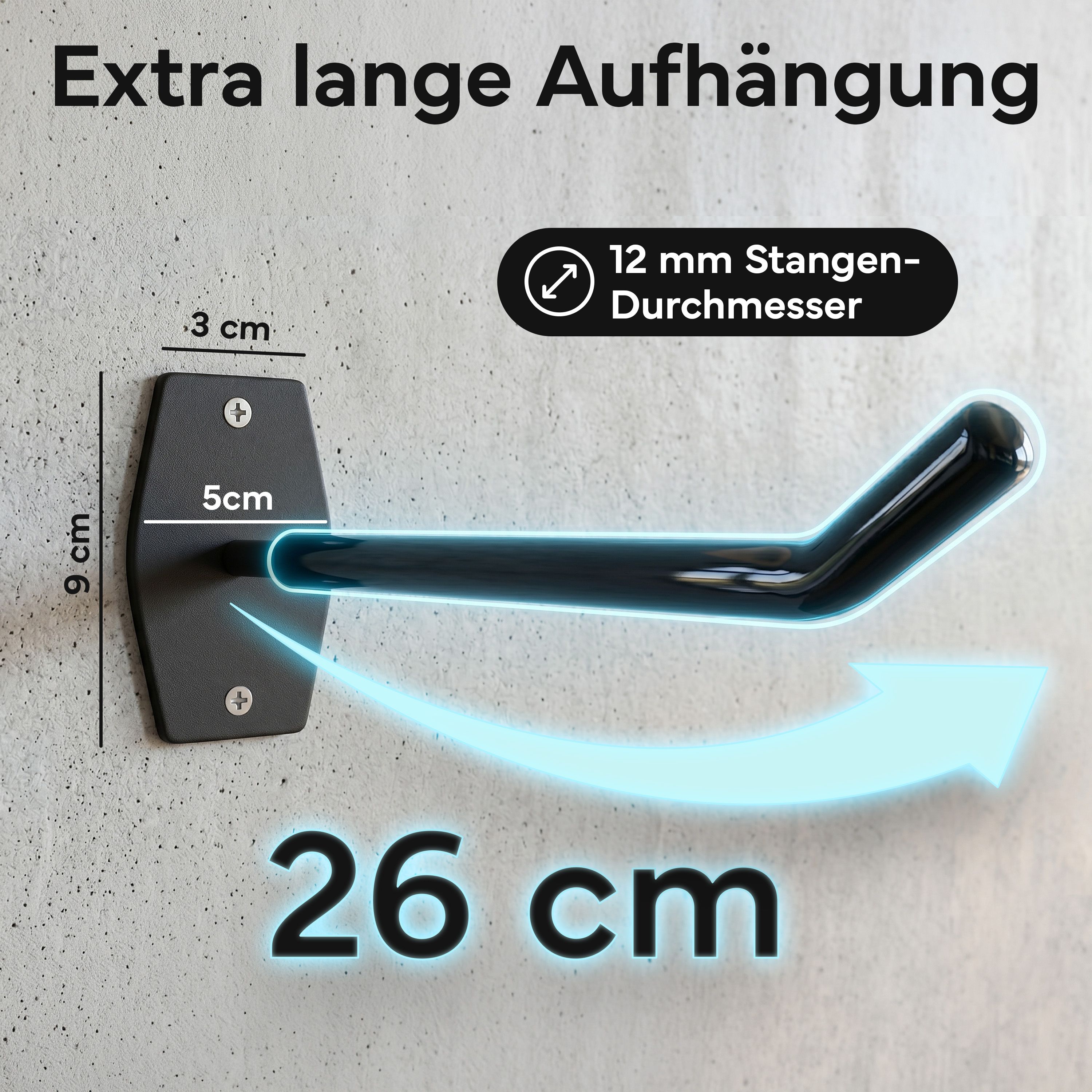 Schwarzer Wandhaken mit Maßen 9x5x3 cm und 26 cm Hakenlänge. Stangendurchmesser 12 mm.