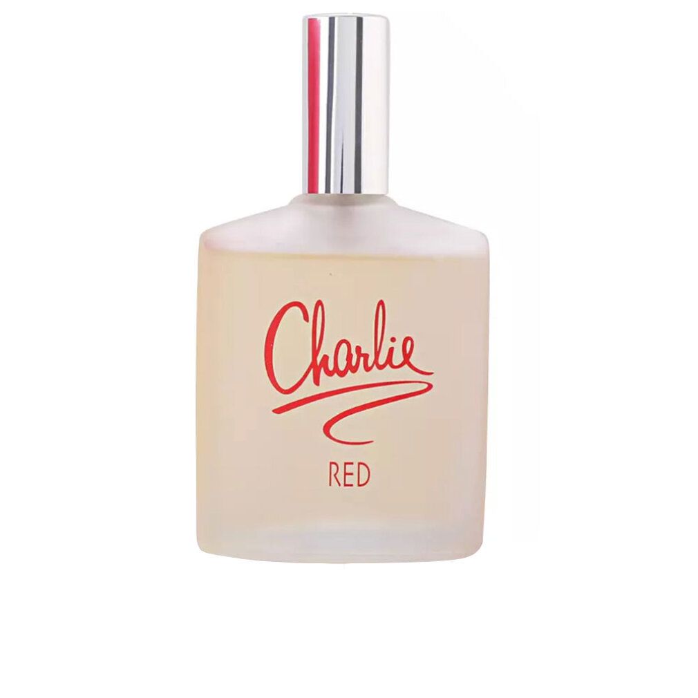 Flakon von Charlie Red Eau de Toilette Spray. Schriftzug Charlie Red in Rot. Silberner Sprühkopf.