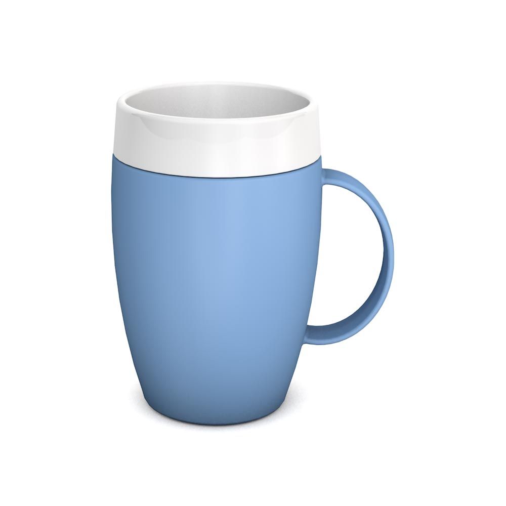 Blauer Becher mit weißem Rand und Henkel. Der Becher hat eine zylindrische Form.