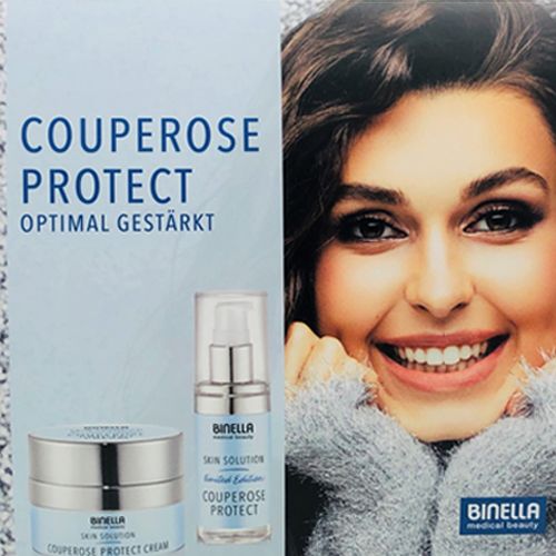 Set mit Creme und Serum. Aufschrift: Couperose Protect, Binella. Frau lächelt im Hintergrund.