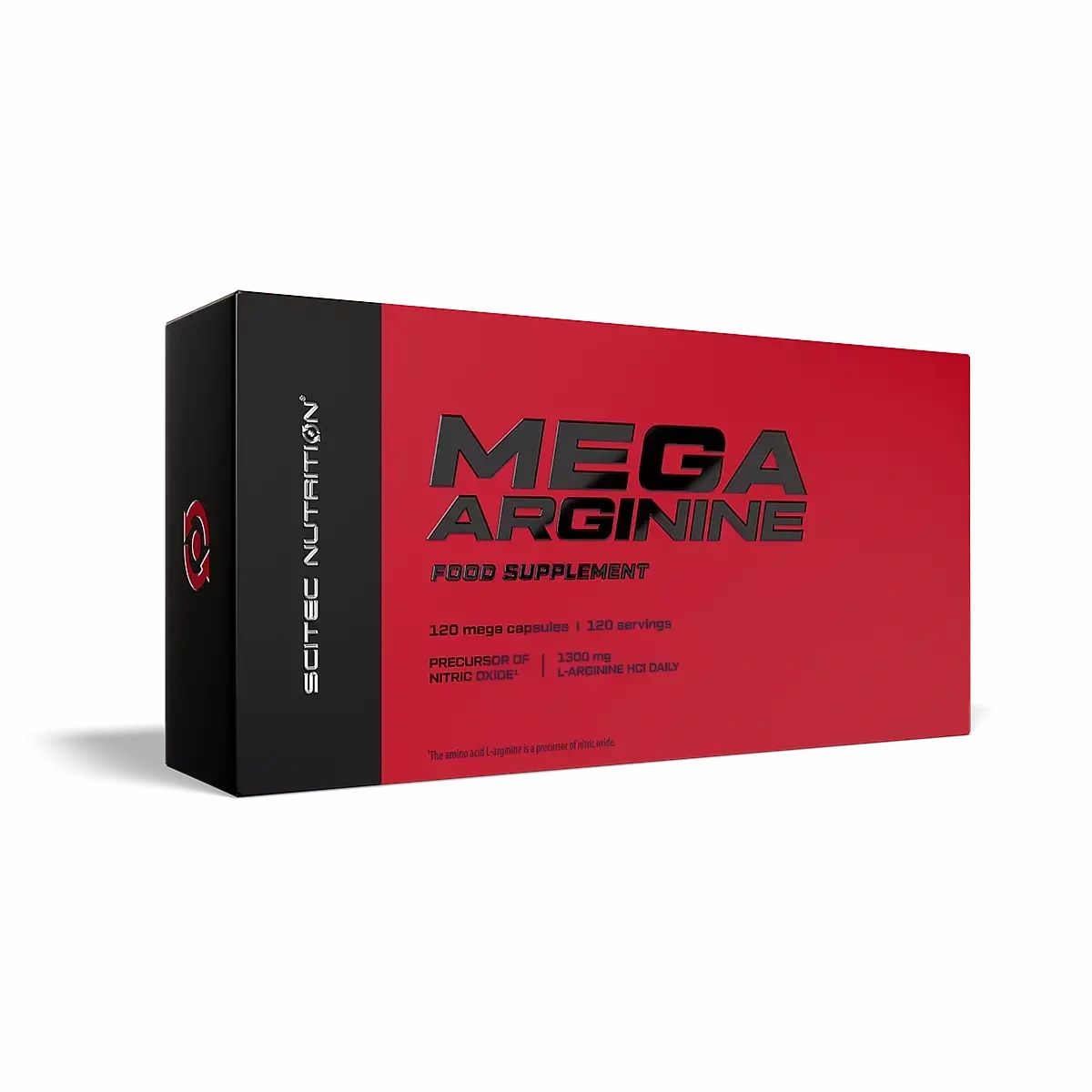 Rote und schwarze Schachtel mit der Aufschrift "MEGA ARGININE FOOD SUPPLEMENT". Enthält 120 Kapseln. Marke: Scitec Nutrition.