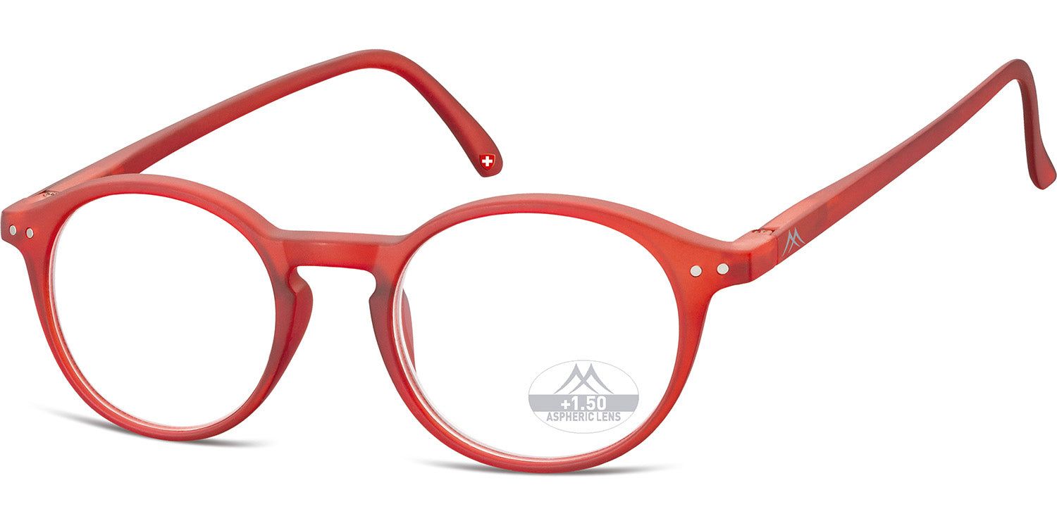 Rote Brille mit runden Gläsern. Auf dem rechten Glas steht "+1.50".