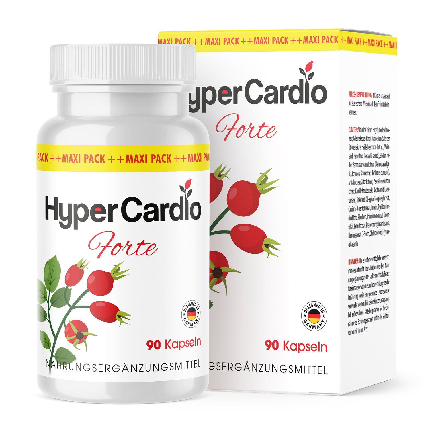 Weiße Flasche mit Kapseln und Verpackung. Aufschrift HyperCardio Forte, 90 Kapseln. Abbildung von Hagebutten.
