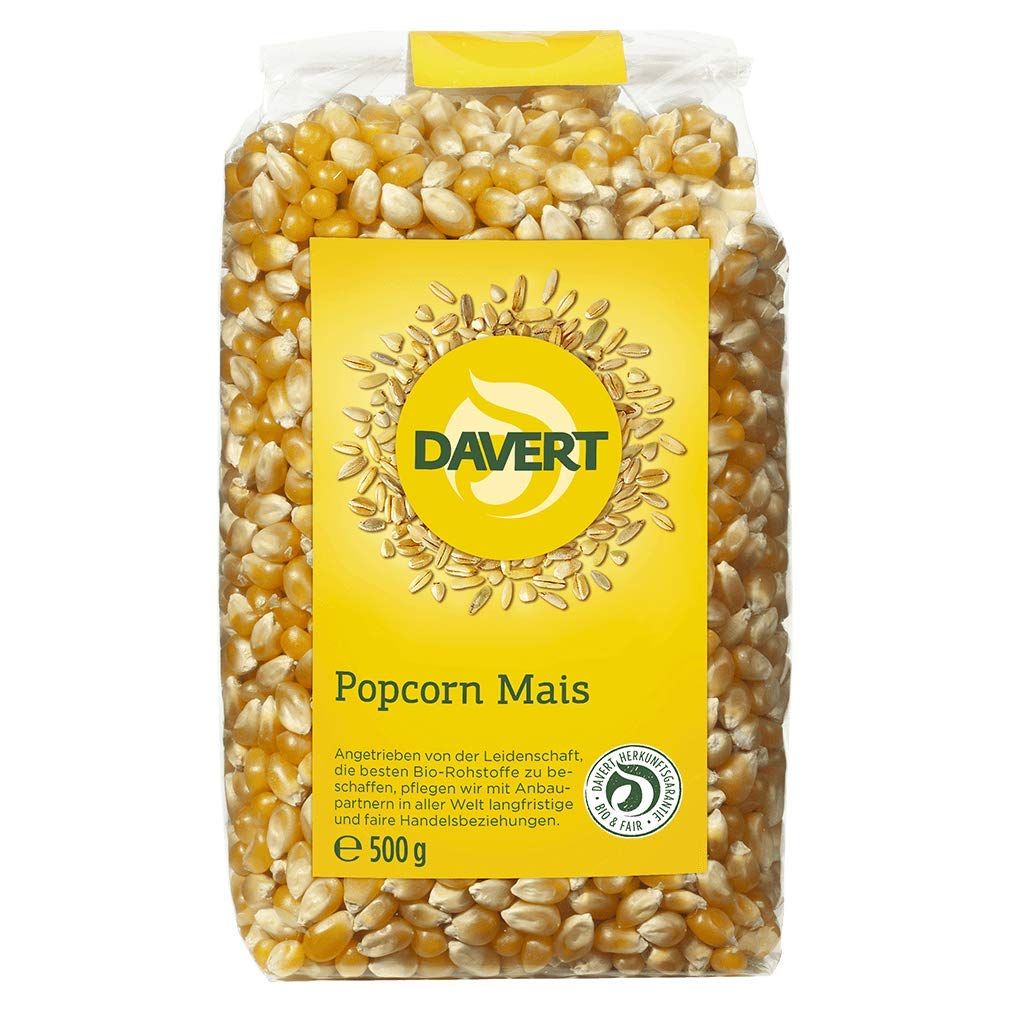 Davert Popcorn Mais, 500g Beutel mit Bio-Siegel.