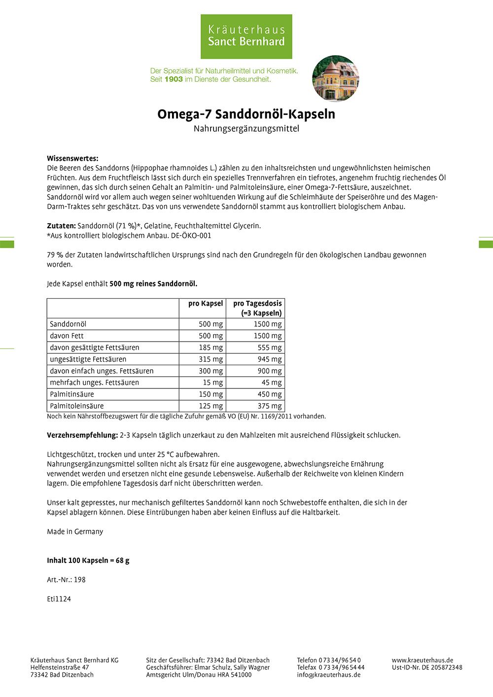 Weißes Blatt mit Text. Überschrift: Omega-7 Sanddornöl-Kapseln. Tabellarische Nährwertangaben. Logo: Kräuterhaus Sanct Bernhard.