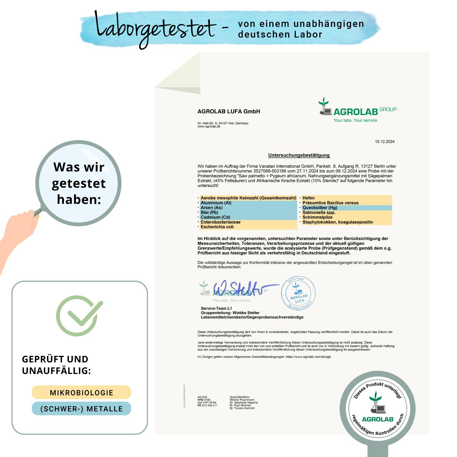 Zertifikat von AGROLAB LUFA GmbH. Geprüft und unauffällig: Mikrobiologie (Schwermetalle).