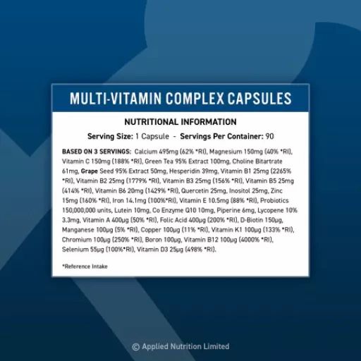Nahrungsergänzungsmittel. Flasche mit Multi-Vitamin-Komplex Kapseln. 90 Kapseln. Marke: Applied Nutrition. Blaue Kappe. Vegan-Siegel.