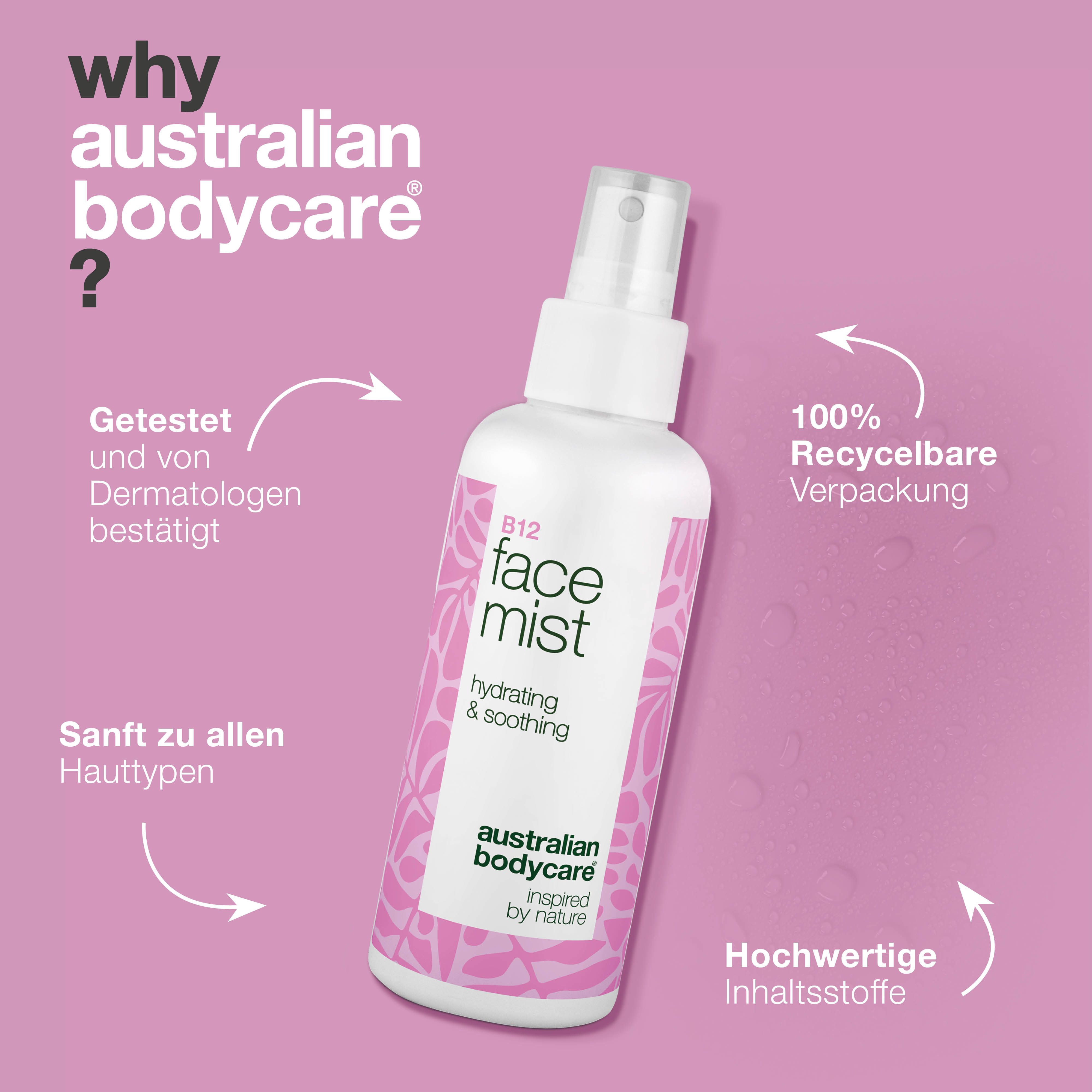 Sprühflasche mit Text: Warum Australian Bodycare? B12 Face Mist, hydrating & soothing. 100% recycelbare Verpackung.