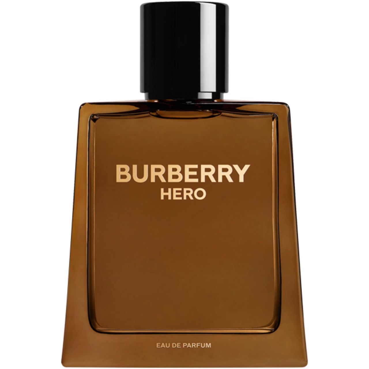 Braune Parfümflasche mit schwarzem Verschluss. Aufschrift Burberry Hero. Unten: Eau de Parfum.