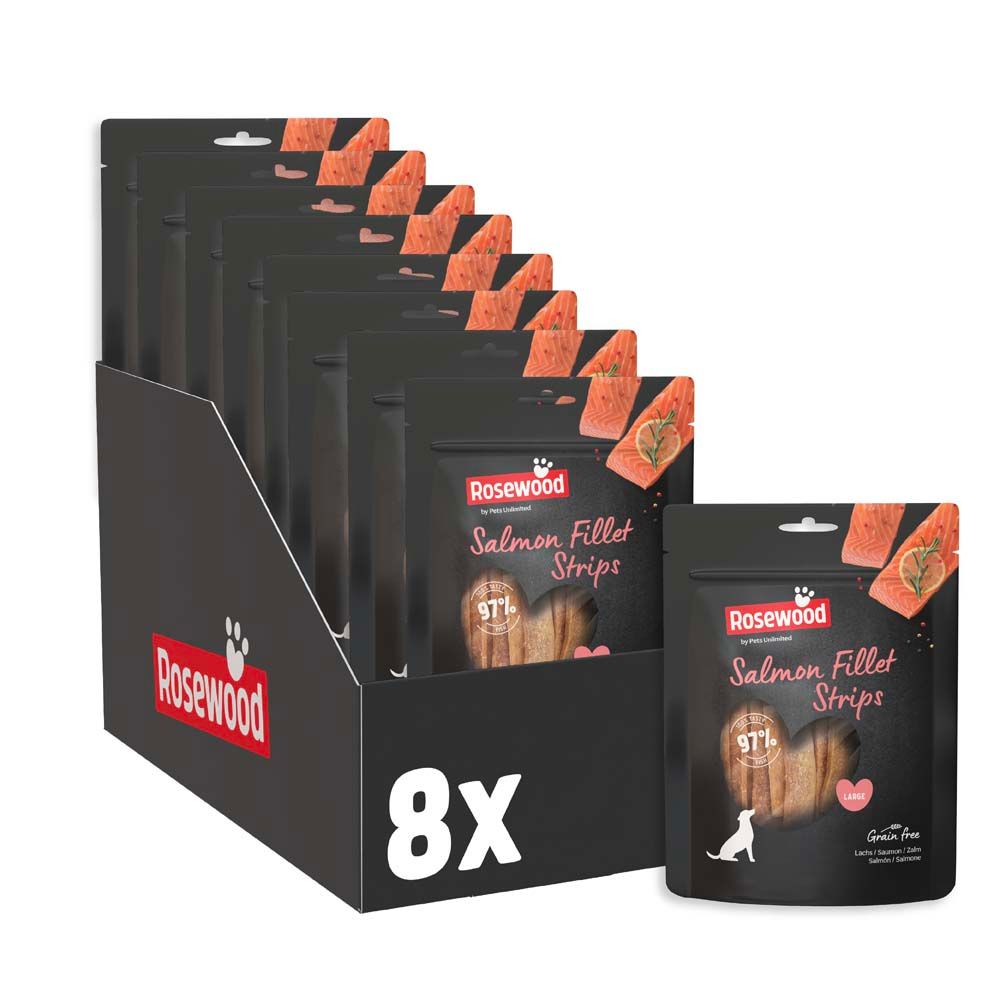 Karton mit 8 Packungen Lachsfilet-Streifen. Marke Rosewood. Für große Hunde. Eine Packung steht daneben.