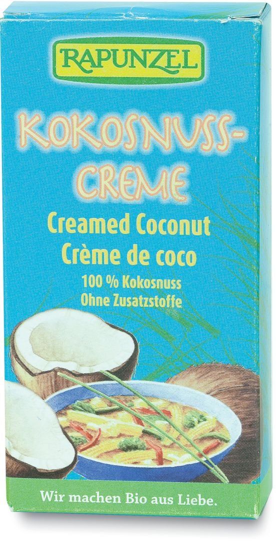 Rapunzel Kokosnuss-Creme Karton mit Kokosnuss-Abbildung und Text.