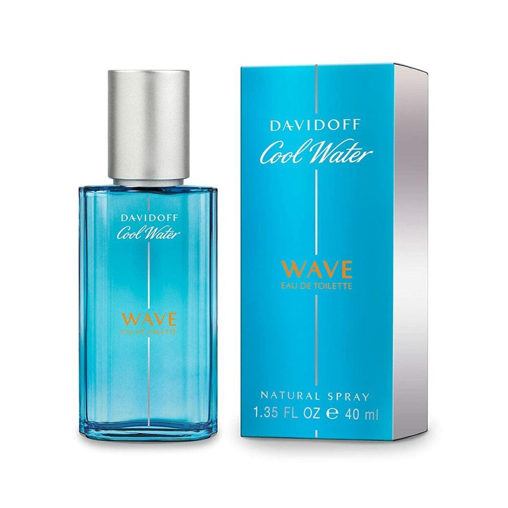 Parfümflakon und Verpackung. Flakon hellblau mit silbernem Deckel. Verpackung blau. Aufschrift: Davidoff Cool Water Wave. WAVE Eau de Toilette.