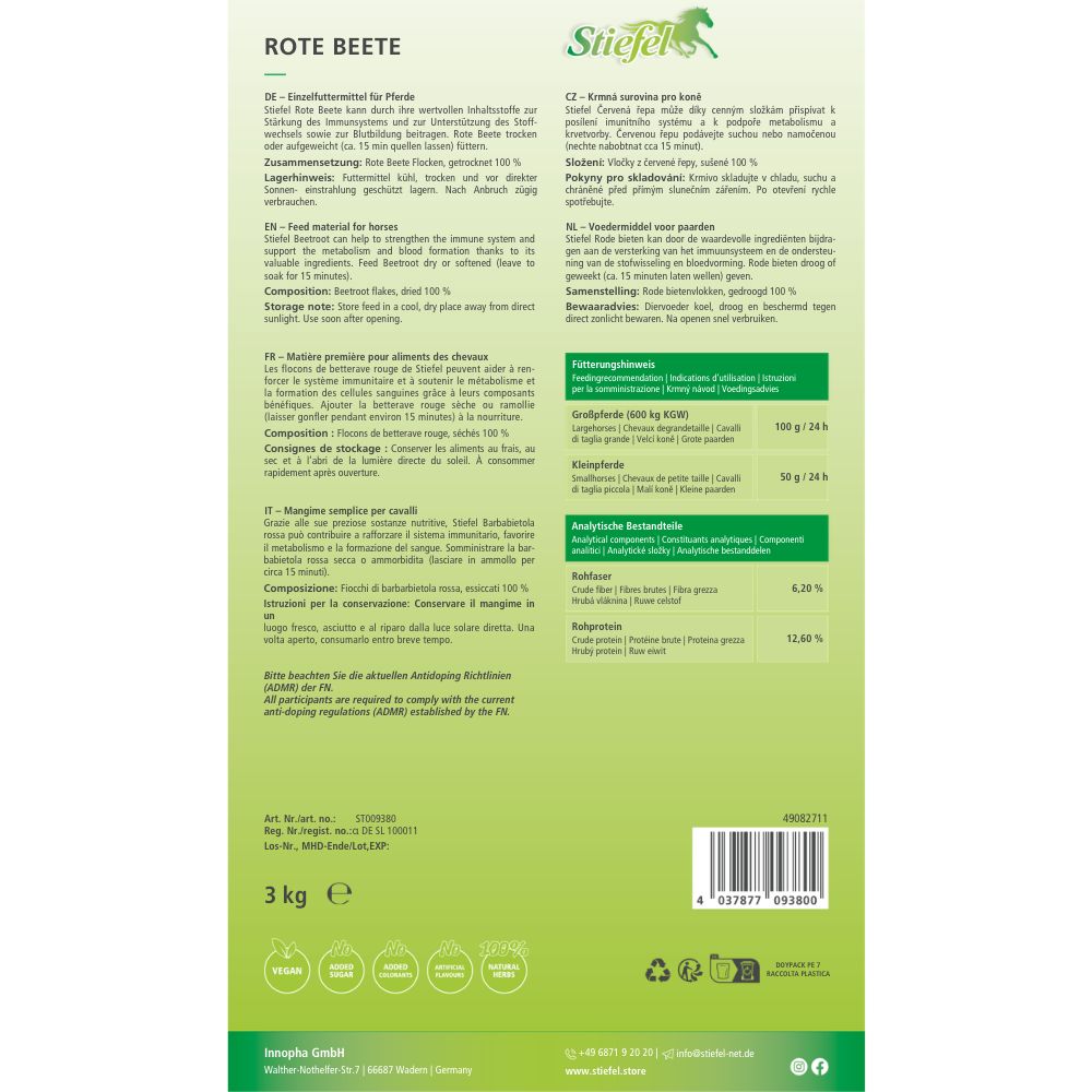 Verpackung mit Produktinformationen. Stiefel Rote Beete Flocken. Text in Deutsch, Französisch, Italienisch und Niederländisch. 3 kg Packung.
