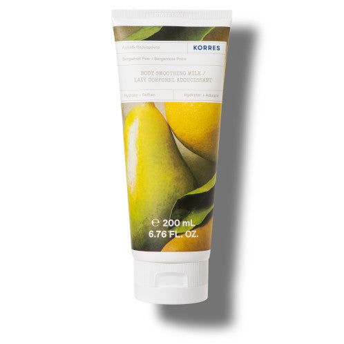 KORRES Glättende Körpermilch Bergamotte Birne 200ml Tube mit Fruchtmotiv.