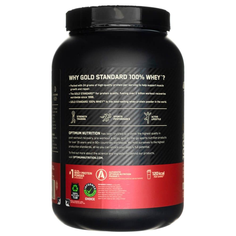 Rückseite einer Optimum Nutrition Gold Standard 100% Whey Dose. Informationen zu Vorteilen, Inhaltsstoffen und Qualitätssiegeln.