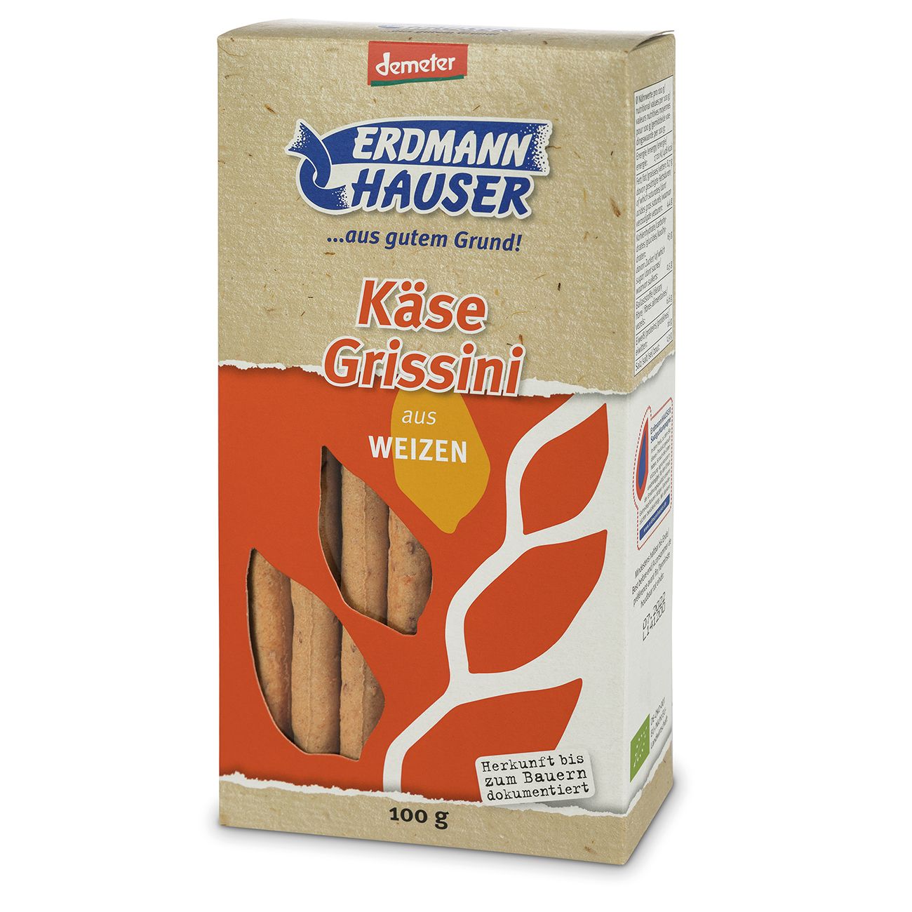 Verpackung von Käse Grissini aus Weizen. Aufschrift: Erdmann Hauser, Demeter-Logo, Käse Grissini, 100 g.
