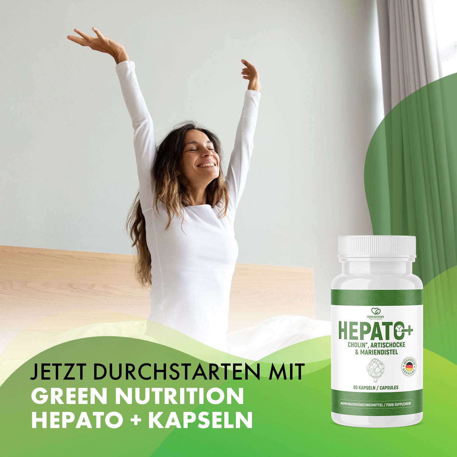 Frau im Bett. Kapsel-Dose mit grünem Etikett. Text: JETZT DURCHSTARTEN MIT GREEN NUTRITION HEPATO + KAPSELN.
