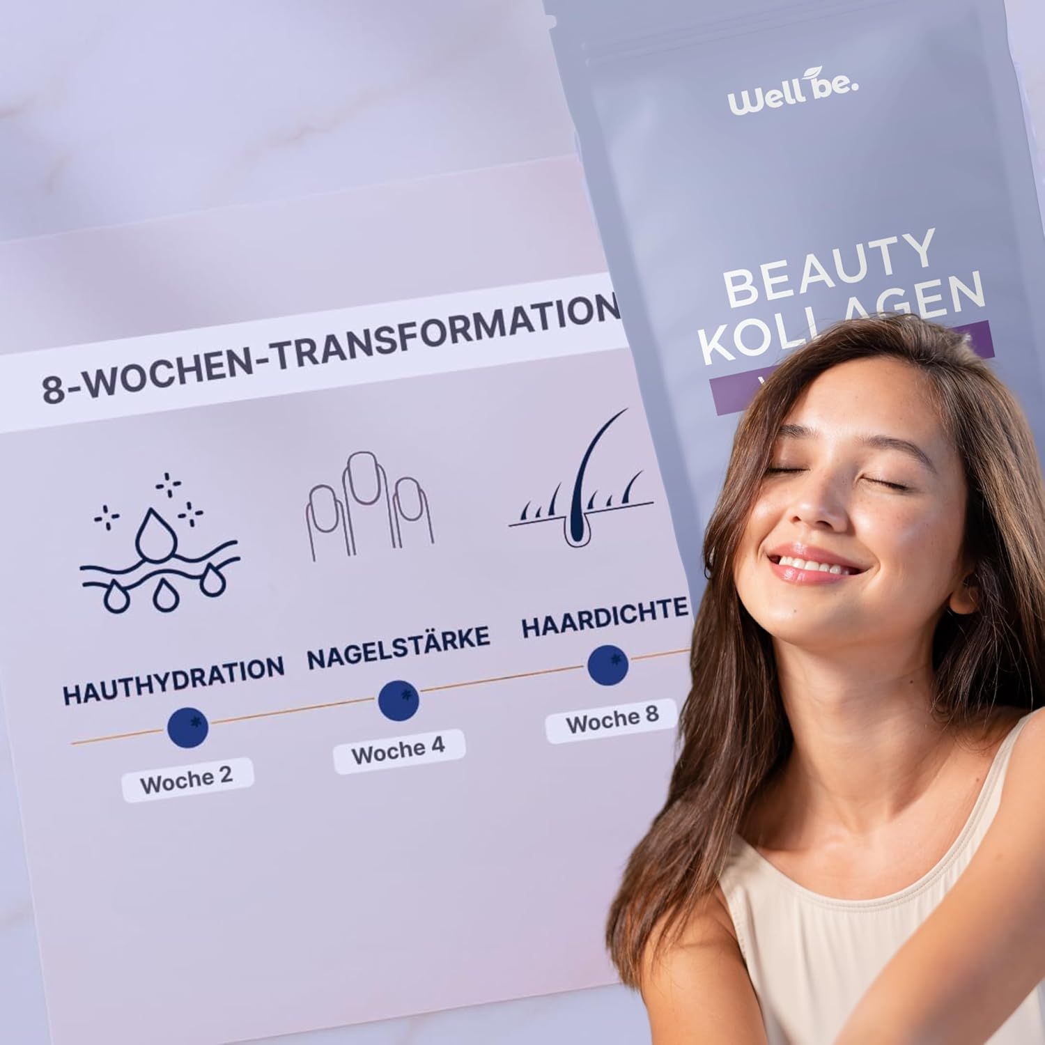Frau lächelt, neben einer Grafik zu 8-Wochen-Transformation für Haut, Nägel, Haare.