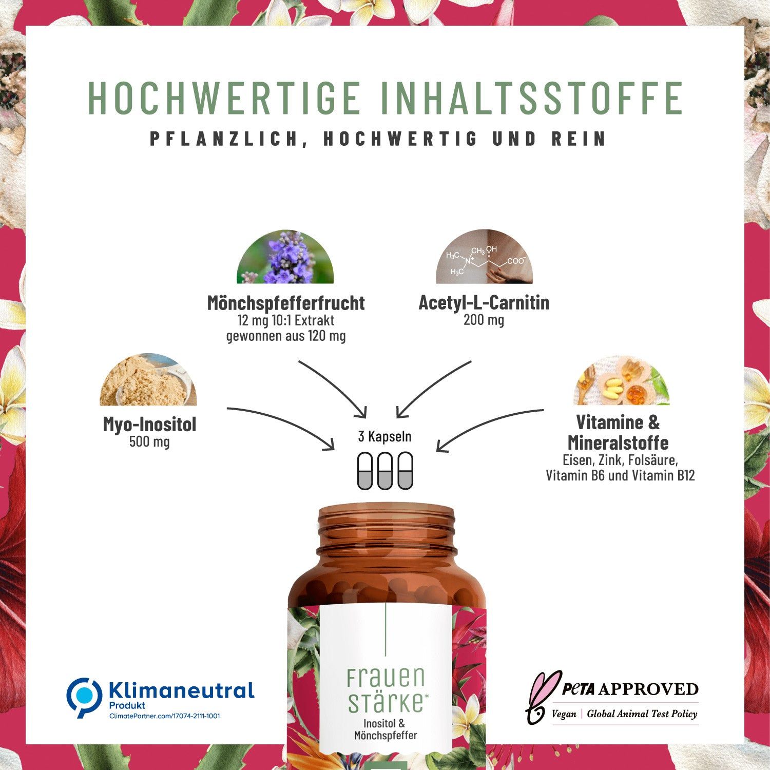 Produkt mit Inhaltsstoffen: Mönchspfeffer, Acetyl-L-Carnitin, Myo-Inositol, Vitamine & Mineralstoffe. 3 Kapseln. Logo: NATURTREU®.