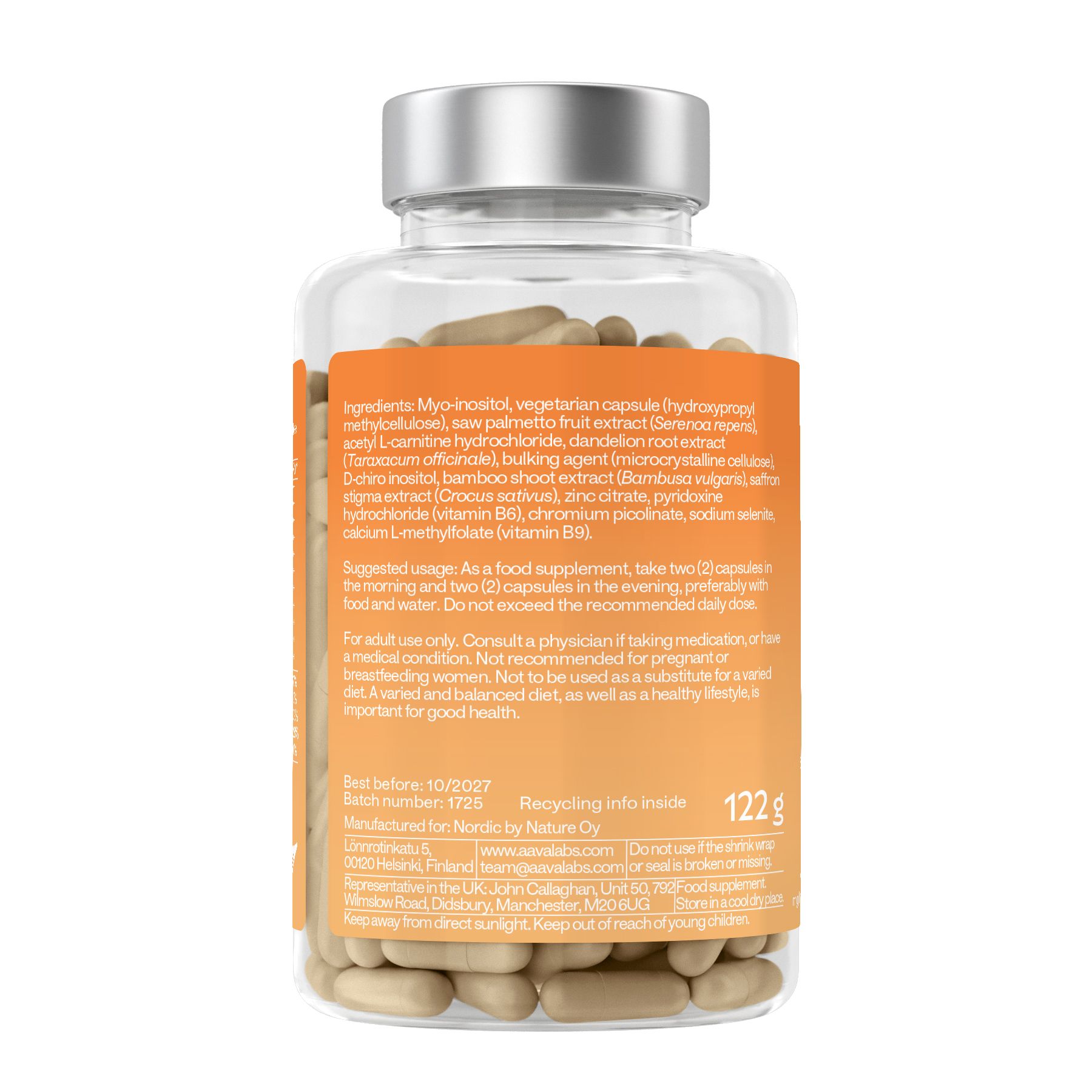 Rückseite der Flasche mit Inhaltsstoffen und Anwendungshinweisen. Enthält Myo-Inositol, D-Chiro-Inositol und weitere Inhaltsstoffe.